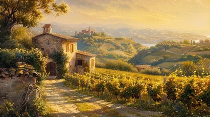 Rustic farmhouse nestled in sun-drenched vineyard landscape, overlooking rolling hills and a lake at sunset.