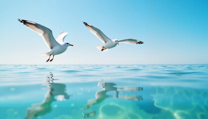 Obraz premium Seagulls flying gracefully over crystal-clear ocean, serene beauty