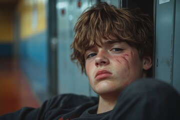 Young man leans against a wall with visible bruises on his face, possibly after an altercation or physical abuse