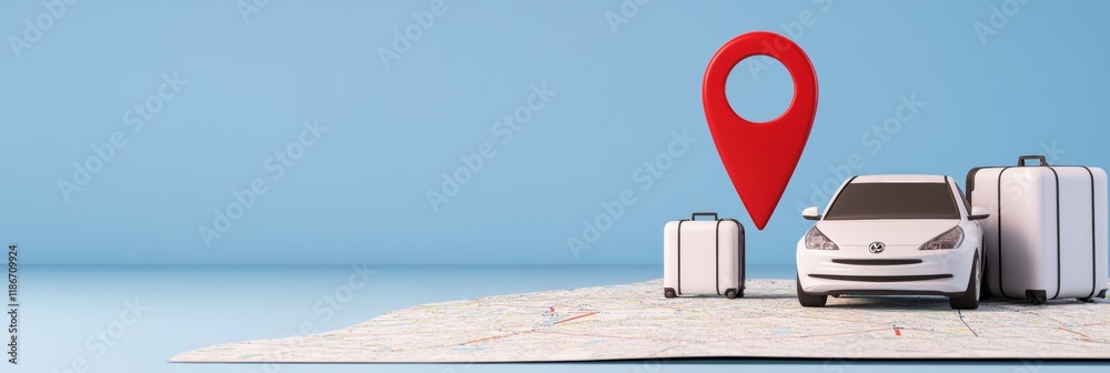 Poster white car with luggage is parked on a map with a large red navigation pin hovering above, symbolizin