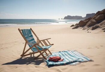 A deserted beach with a lone beach chair and a beach towel, denia, , beach chair