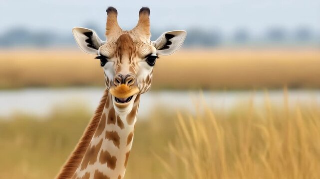 A young giraffe in an open savannah with golden grass and a blurred natural background 