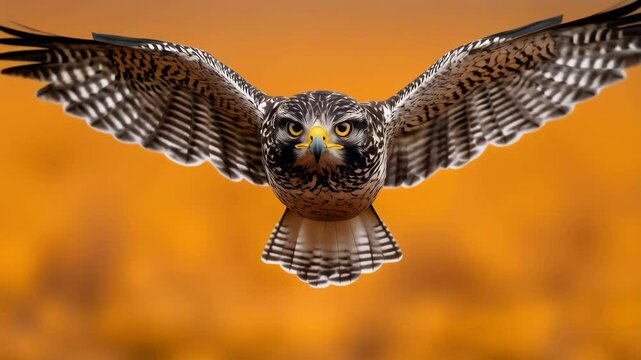 Majestic hawk flying directly toward the camera with spread wings and intense orange background