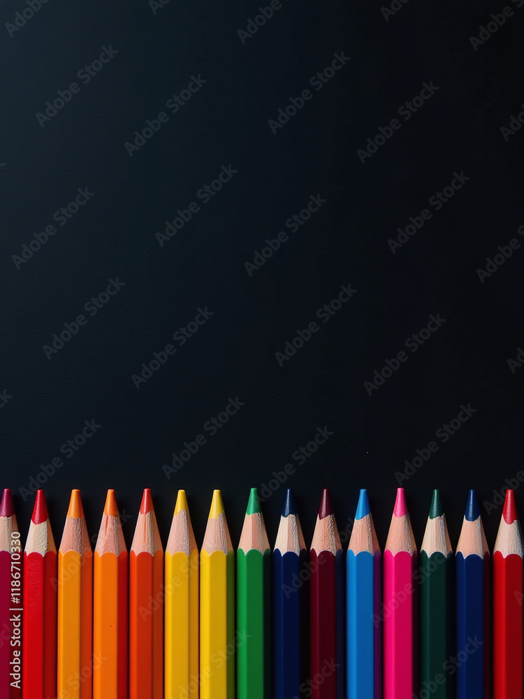 Poster colorful wooden pencils arranged in a wave pattern along a blank blackboard create a vertical back t