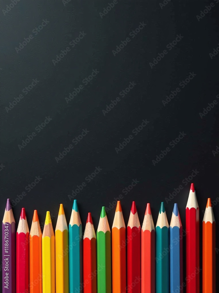 Poster colorful wooden pencils arranged in a wave pattern along a blank blackboard create a vertical back t