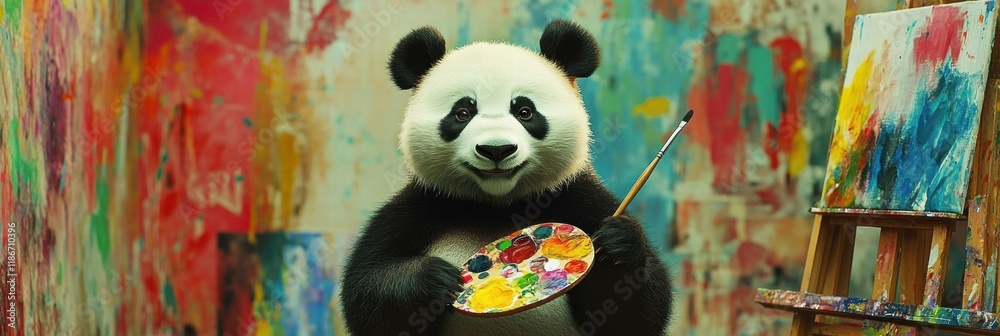 Leinwandbilder panda creates colorful artwork while holding a paintbrush and palette in a vibrant studio environmen