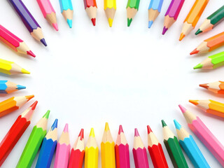 Colorful Wooden Pencils And Crayons Frame A White Background With Plenty Of Space For Back To School Concepts And Copy. 00001