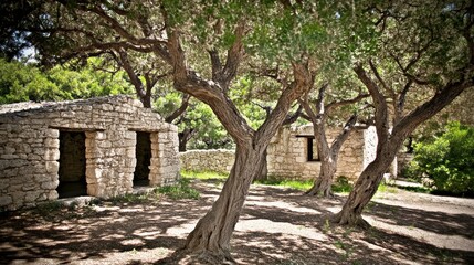 Fototapeta premium Ancient Stone Ruins Lush Olive Trees Mediterranean Landscape Sunny Day