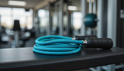 Coiled jump rope on workout bench in gym, fitness motivation