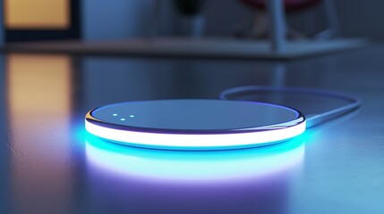 A futuristic isolated wireless charger, glowing softly with a smooth white surface underneath.