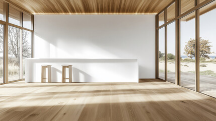 Fototapeta premium Modern minimalist interior design in a bright and airy space with wooden flooring and large windows