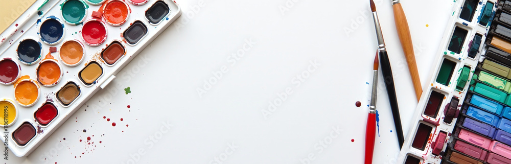 Aufkleber colorful watercolor paints and brushes arranged on a white background for a flat lay photography com