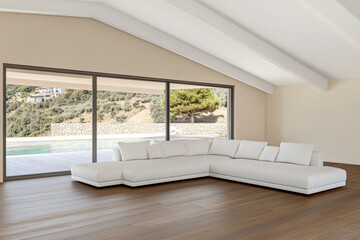 Fototapeta premium Modern minimalist living room with large windows and scenic view of nature