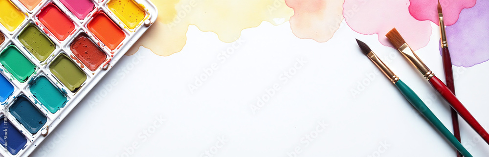 Poster colorful watercolor paints and brushes arranged on a white background for a flat lay photography com