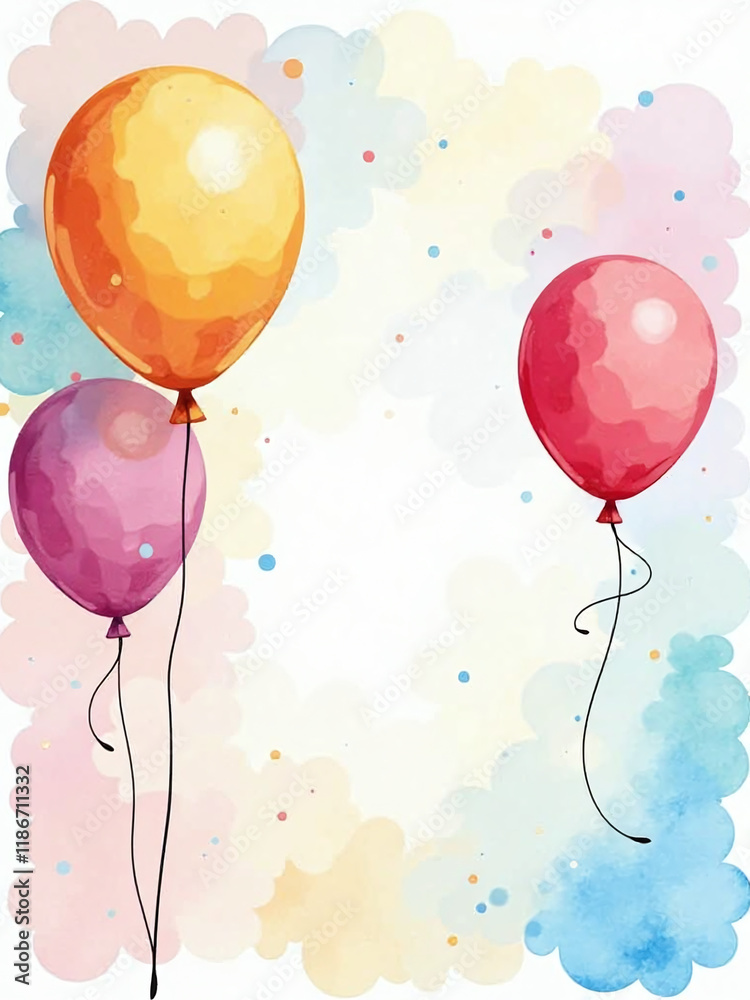 Poster colorful watercolor design features balloons floating above a bright background with plenty of space