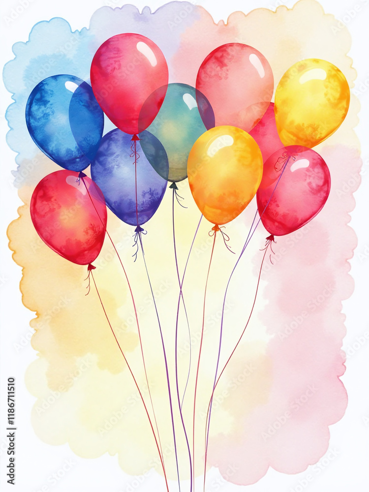 Poster colorful watercolor design features balloons floating above a bright background with plenty of space