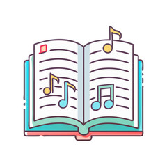 book and musical notes poetry or songbook vector icon, book day vector illustration - simple illustration of book and musical notes poetry or songbook perfect for logos, and book day-themed designs.