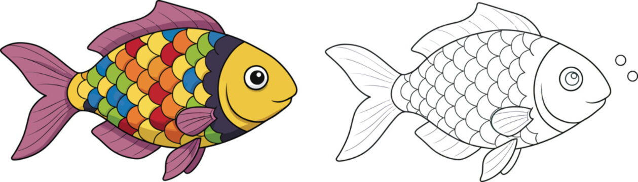 Colorful Fish and Outline: A vibrant, colorful fish illustration paired with its line art counterpart, perfect for coloring pages, educational materials, or creative projects.