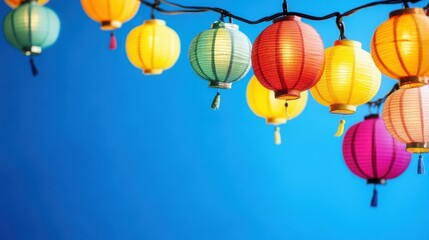 Obraz premium Vibrant Lanterns Dance in the Sky: A Symphony of Colors Against a Vivid Blue