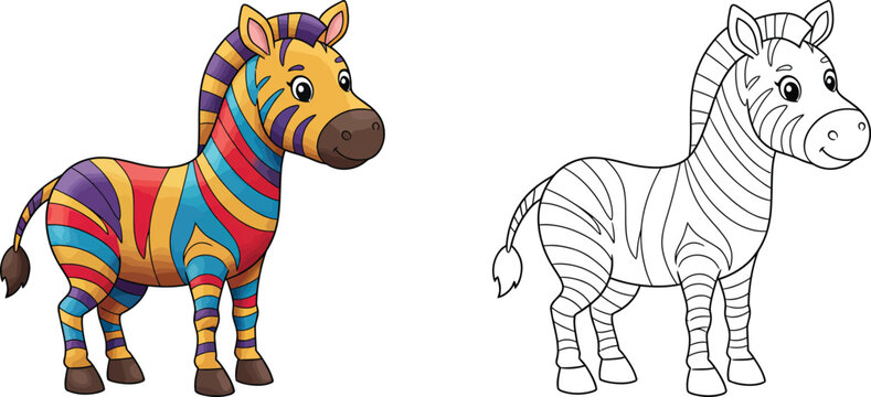 Rainbow Zebra:  A colorful illustration featuring a playful zebra with vibrant rainbow stripes, alongside a black and white line art version, perfect for coloring pages and creative projects. 