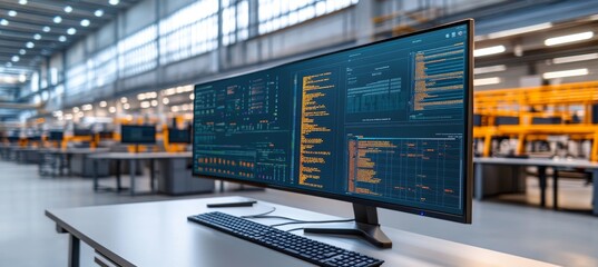 Large Computer Monitor Displaying Data and Charts in a Modern Industrial Warehouse Setting