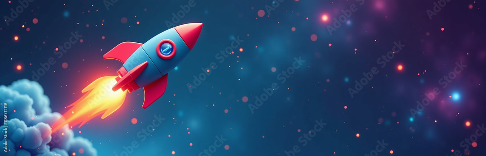 Poster Colorful Toy Rocket Soaring Through Space With A Galaxy Background For Copy Space To Insert Images Or Text Freely. 00002