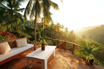 Fototapeta premium Tropical Sunrise Tranquility Scenic View Palm Trees Relaxing Bench