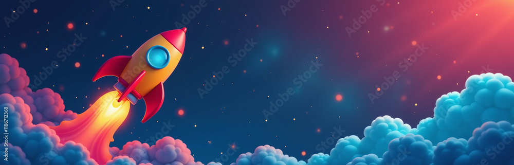 Poster Colorful Toy Rocket Soaring Through Space With A Galaxy Background For Copy Space To Insert Images Or Text Freely. 00001