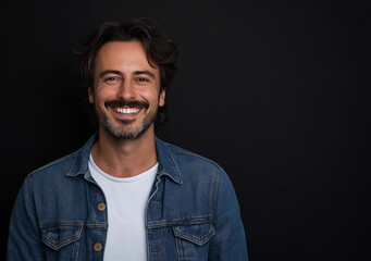 Obraz premium Portrait of a happy man in a denim shirt and white t-shirt, looking at the camera and smiling, isolated on a black background.