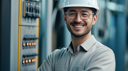 Smiling Engineer: A close-up portrait of a confident Asian engineer with a bright smile, wearing a hard hat and safety glasses, showcasing professionalism, expertise.