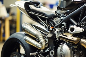 A close-up shot of a motorcycle parked in a garage