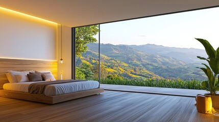 Serene Mountain View Bedroom Modern Minimalist Design Peaceful Sunrise
