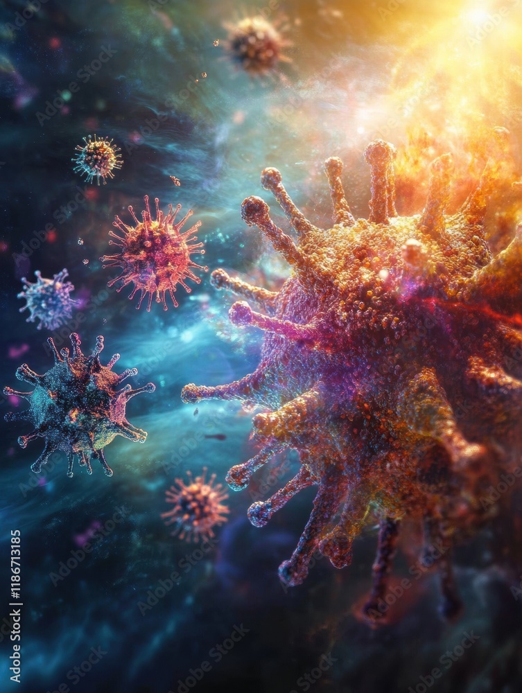 Aufkleber Dynamic interaction of antibodies attacking a virus in vibrant microscopic environment. Generative AI