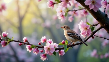 Fototapeta premium Serene Cherry Blossom Branch with Bird in Spring