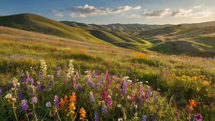 a vivid scene of rolling hills blanketed in colorful wildflowers, ai