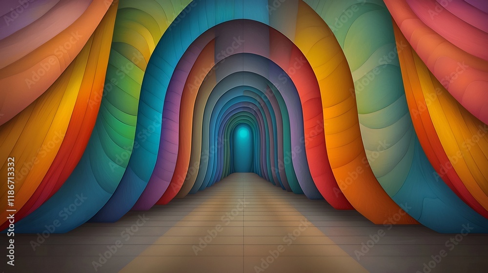 Poster dazzling abstract and futuristic digital artwork featuring rhythmic iridescent architectural structu