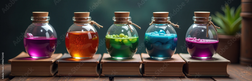 Poster colorful potions in glass jars stand on antique books in a whimsical display of magic and creativity