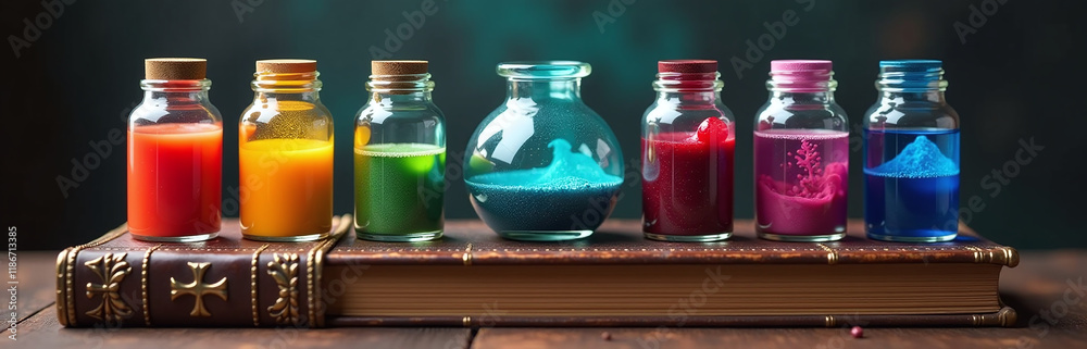 Poster colorful potions in glass jars stand on antique books in a whimsical display of magic and creativity