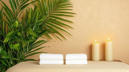 Serene Spa Setting with Towels Candles and Lush Tropical Plant