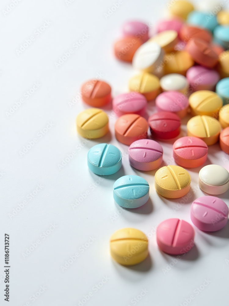 Poster Colorful Pills Are Arranged Neatly On A Crisp White Background With Soft Backlighting To Create A Visually Appealing Image. 00003