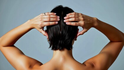 Naklejka premium Back View of Man with Hands on Head in Natural Light