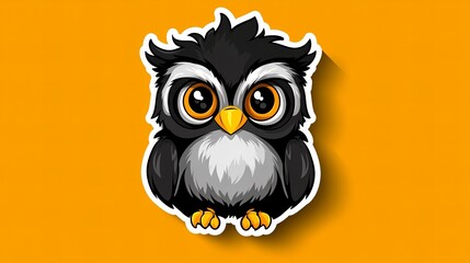 Naklejka premium Adorable cartoon owl with big eyes, perched against a vibrant orange backdrop. Perfect for kids' projects!