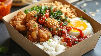 Delicious fried chicken rice bowl with egg.