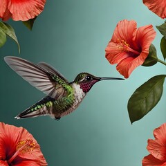 Obraz premium A serene macro shot of a hummingbird mid-flight, hovering near an exotic red hibiscus flower, with its iridescent wings frozen in motion,Generative Ai 