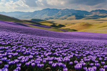 Naklejka premium Endless sea of purple crocuses blooming on grasslands, vibrant contrast of petals, green leaves, and brown soil, early spring in southern China.