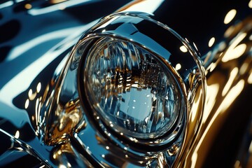 Close-up shot of a shiny motorcycle headlight with a beam shining out