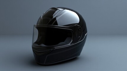 Obraz premium A close-up shot of a black motorcycle helmet on a gray background, suitable for use in action sports or racing themed designs