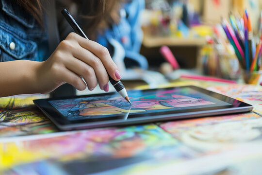 Graphic designer creates digital art on a tablet