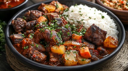 Fototapeta premium Beef stew with potatoes, carrots, and rice.
