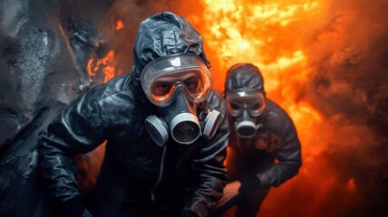 Obraz premium Two figures in protective gear navigate a fiery environment, showcasing bravery amid chaos and danger.